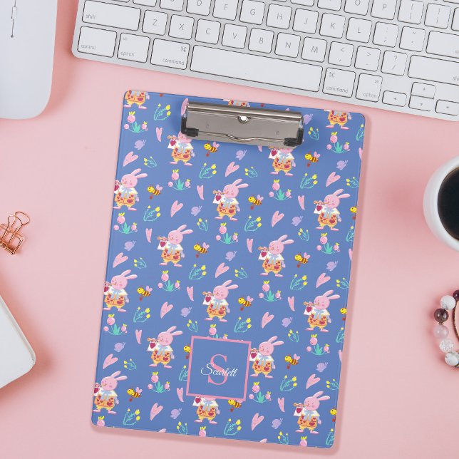 Porte-bloc Joli Bunny & Jardin d'abeilles Motif bleu Monogram (Créateur téléchargé)