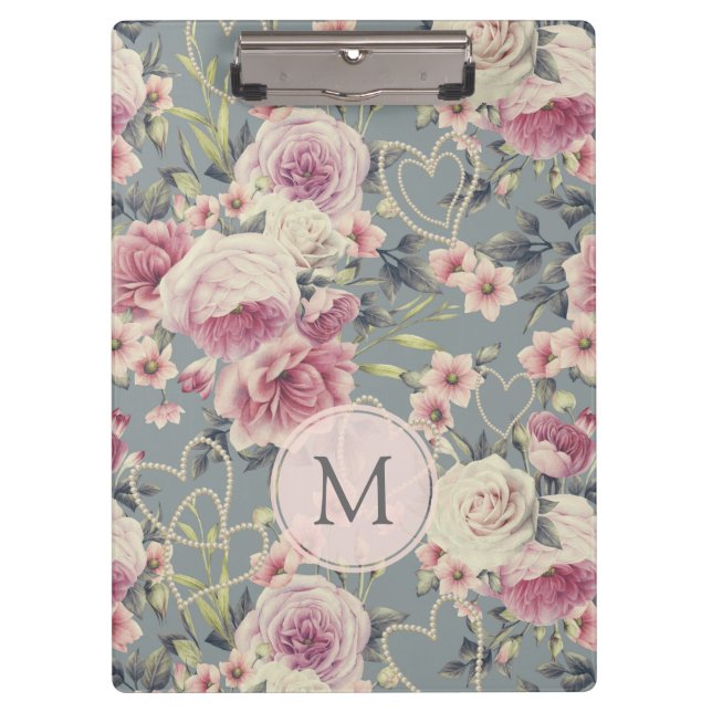 Porte-bloc Jolie rose Roses et Coeurs Perles Monogramme (Devant)