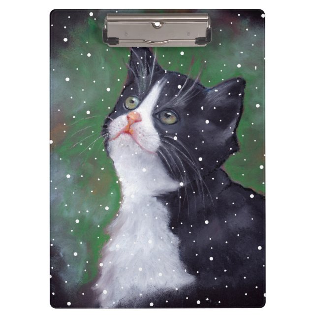 Porte-bloc Le chat de smoking regardant la neige, huilent (Devant)