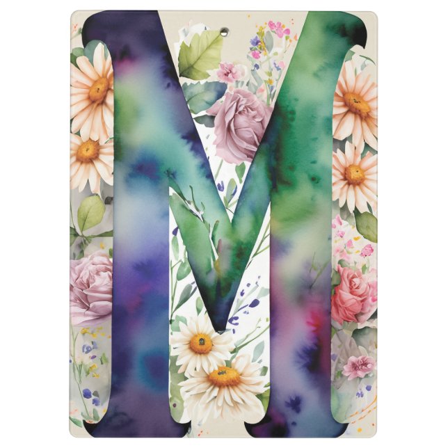 Porte-bloc Lettre personnalisée M Floral Aquarelle de l'ensei (Dos)