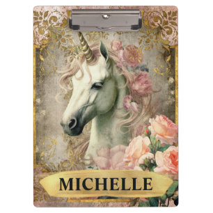 Porte-bloc Licorne blanche vintage aquarelle et roses roses
