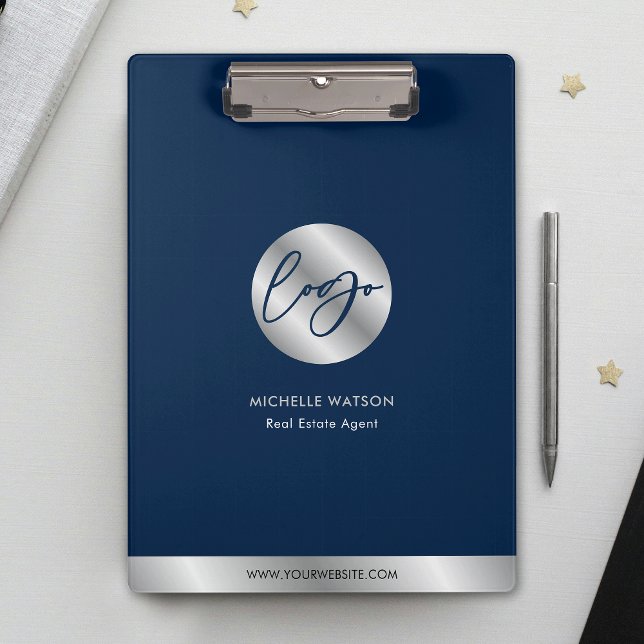 Porte-bloc Logo d'entreprise Marine Blue & Silver Promotionne (Modern business branded clipboard in navy blue and faux silver with your logo and contact details)