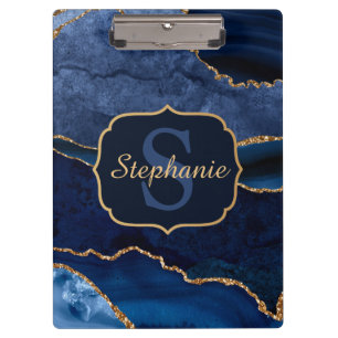 Porte-bloc Marbre Agate Monogramme Bleu Nuit et Paillettes Do