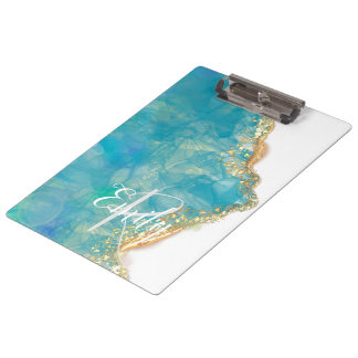Porte-bloc Marbre d'Agate turquoise et blanc Nom Abstrait Mon