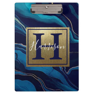 Porte-bloc Marine Blue Agate Marbre Gold Nom et Monogramme 