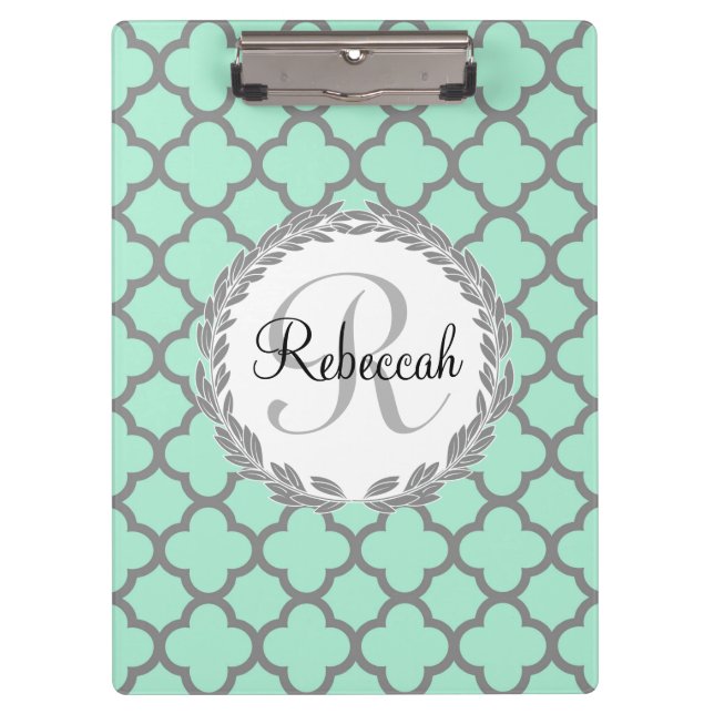 Porte-bloc Mint Green Grey Quatrefoil Nom Monogramme Laurel (Devant)