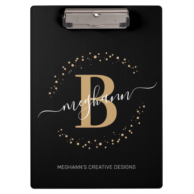 Porte-bloc Modern Girly Black Gold Nom Script Monogramme (Devant)