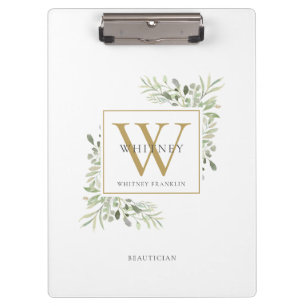 Porte-bloc Monogramme blanc or végétal aquarelle élégant