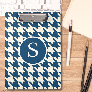 Porte-bloc Monogramme bleu et blanc classique Houndstooth