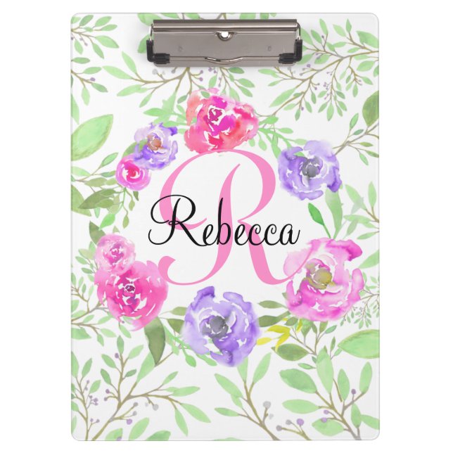 Porte-bloc Monogramme d'aquarelle florale de Peony rose (Devant)