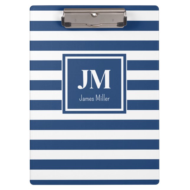 Porte-bloc Monogramme de bande marine bleu et blanc (Devant)