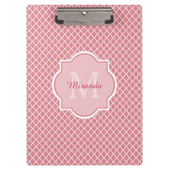 Porte-bloc Monogramme de Quatrefoil Rose Chic Avec Nom (Devant)