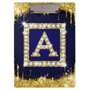 Porte-bloc Monogramme doré initial A avec paillettes bleues