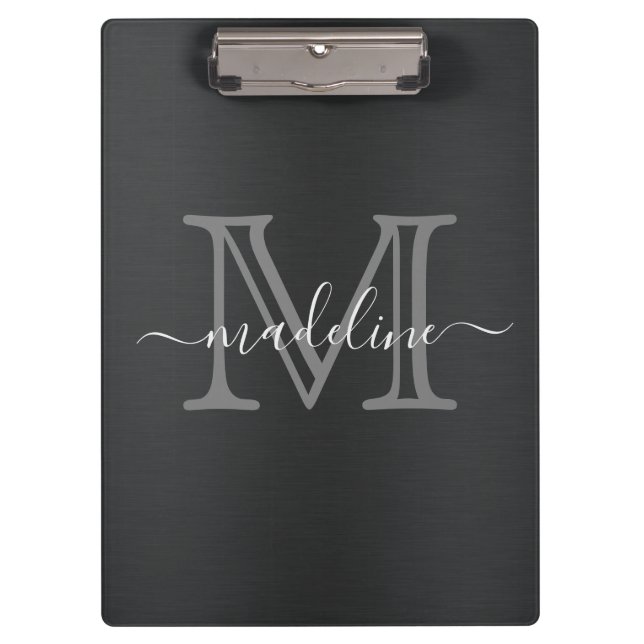 Porte-bloc Monogramme moderne en métal brossé gris noir (Devant)