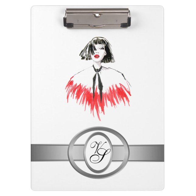 Porte-bloc Monogramme moderne Fille à la mode Noir et Rouge (Devant)