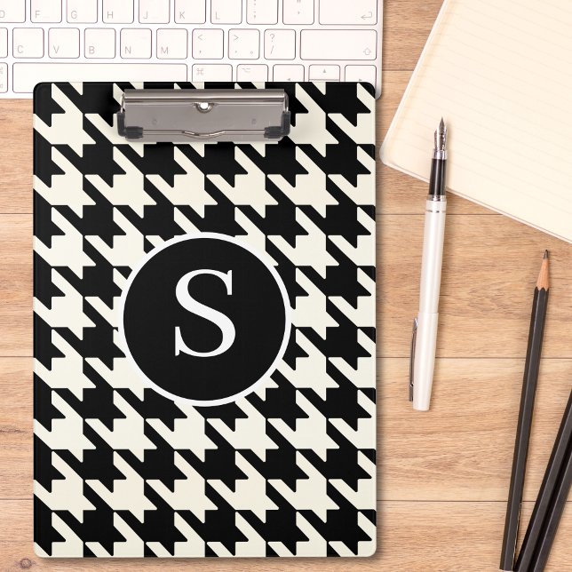 Porte-bloc Monogramme noir et blanc classique Houndstooth (Créateur téléchargé)