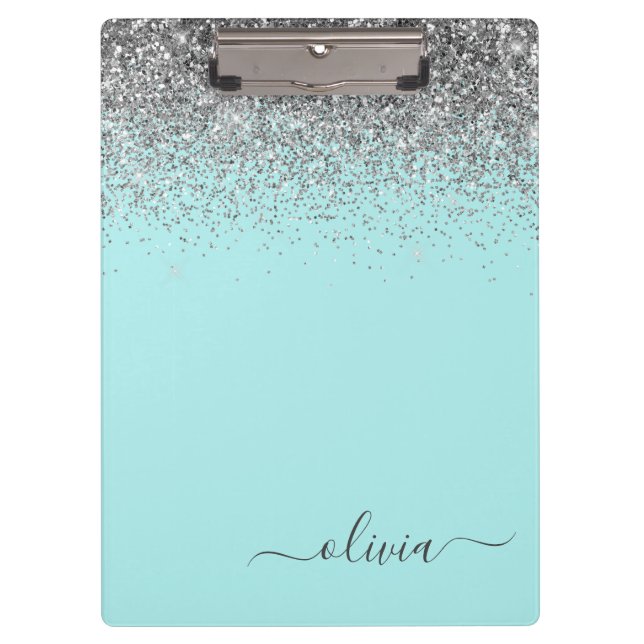 Porte-bloc Monogramme Pailleté Bleu Aqua Turquoise Argent (Devant)