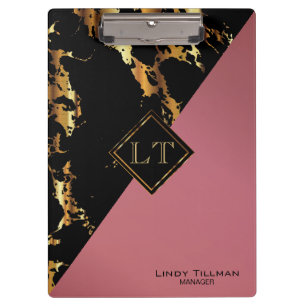 Porte-bloc Monogramme Rose, marbre noir et or