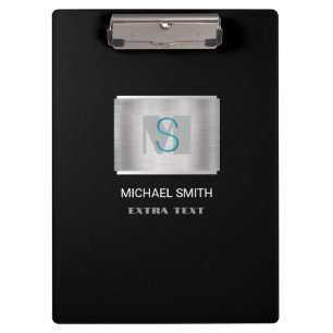 Porte-bloc Monogramme turquoise et gris Nom blanc, argent et 