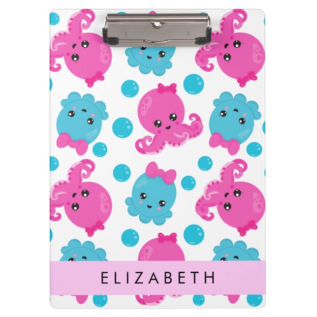Porte-bloc Motif de pieuvre, Pieuvre mignonne, Mer, Votre Nom (Devant)