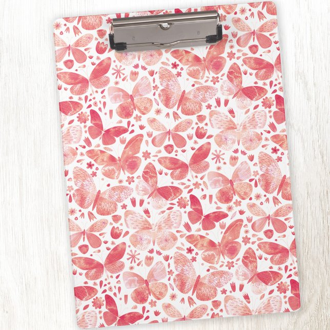Porte-bloc Motif rose papillon aquarelle (Coral peach blush pink watercolor butterfly pattern clipboard)
