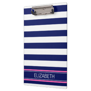 Porte-bloc Navy Blue Wht Horiz Stripe Hot Pink Nom Monogramme