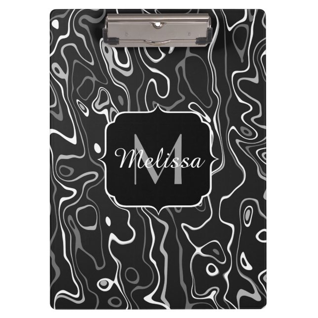 Porte-bloc Noir blanc gris damas tourbillons abstraits Monogr (Devant)