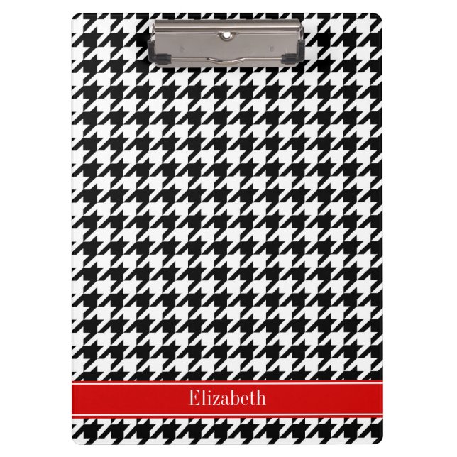 Porte-bloc Noir Blanc Houndstooth Nom rouge Monogramme (Devant)