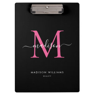 Porte-bloc Noir Magenta rose Monogramme élégant Nom du script