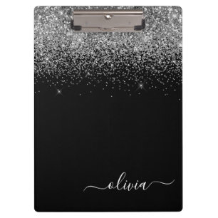 Porte-bloc Nom de monogramme girly pailleté argent noir