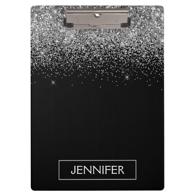 Porte-bloc Nom de monogramme pailleté noir argenté girly (Devant)