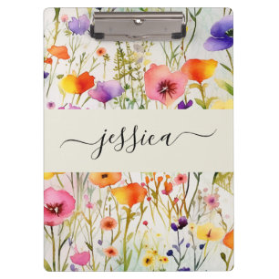 Porte-bloc Nom de script fleur sauvage d'aquarelle élégant