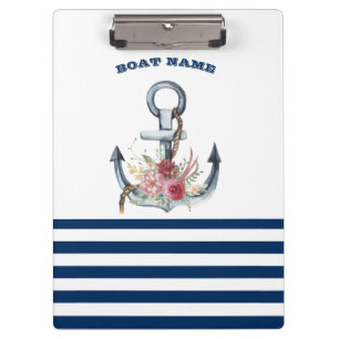 Porte-bloc Nom du bateau, fleurs d'ancre bleu marine rayé