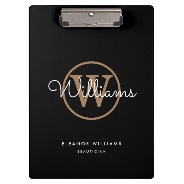 Porte-bloc Nom du monogramme Black Gold White Script (Devant)