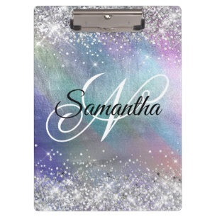 Porte-bloc Paillettes Argentées Monogramme Iridécent en Feuil