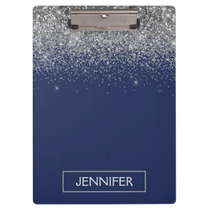 Porte-bloc Paillettes Bleu Marine Argenté Monogramme Nom