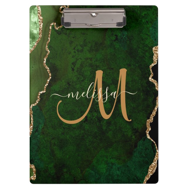 Porte-bloc Parties scintillant d'or vert chic Agate Monogramm (Devant)
