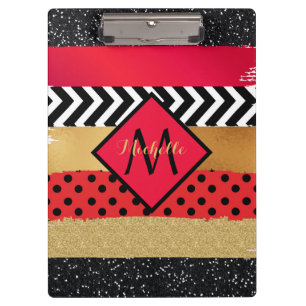 Porte-bloc Parties scintillant rouge Noir Brush Stroke Monogr