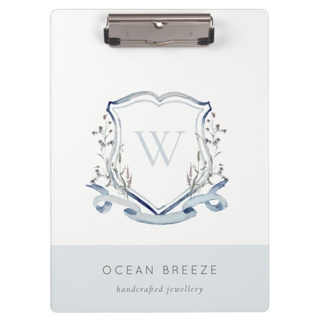 Porte-bloc Pastel Blue Fleur sauvage Aquarelle Crest Monogram (Devant)