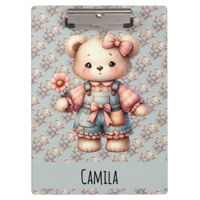 Porte-bloc Pastel Teddy Bear Holding Flower Wear Overalls (Devant)