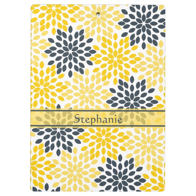 Porte-bloc Personnalisé Jaune, Gris Charbon Moderne Floral (Dos)