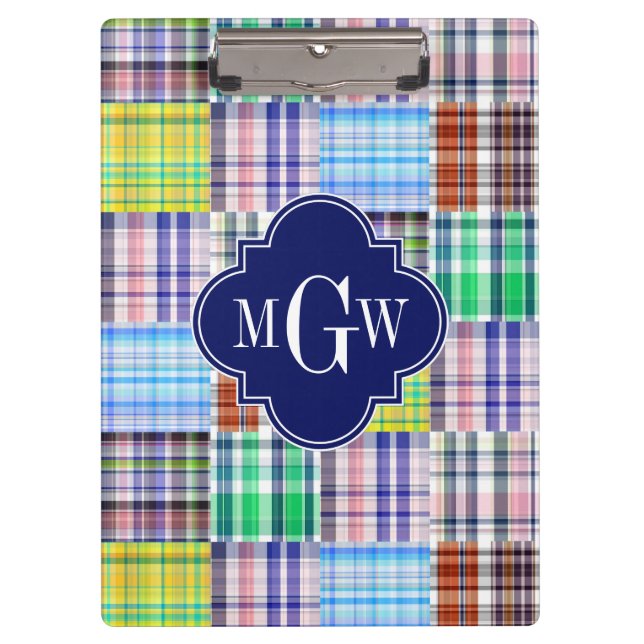 Porte-bloc Preppy Patchwork Madras Navy Quatrefoil Monogramme (Devant)