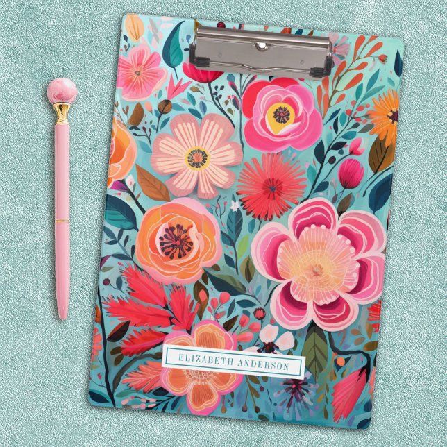 Porte-bloc Pretty Elegant Botanical Stylish Floral (A pretty, stylish and colorful floral clipboard. Personalize it with your name.)