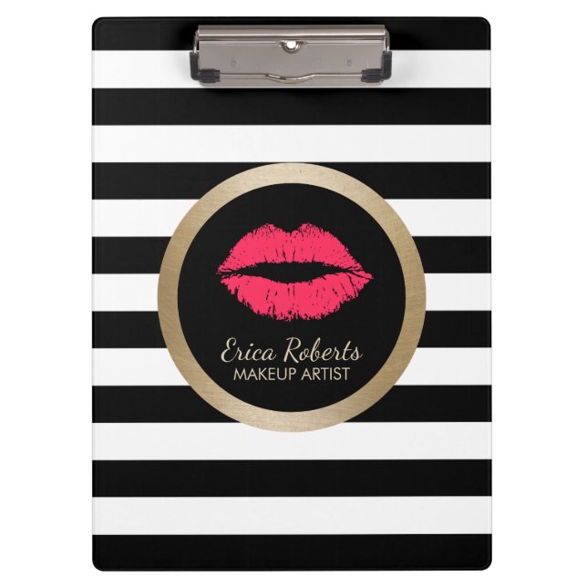 Porte-bloc Rayures blanches noires modernes de lèvres rouges (Devant)