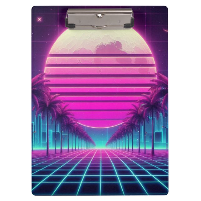 Porte-bloc rétro, lune de néon des années 80/palmiers (Devant)
