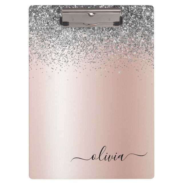 Porte-bloc Rose Gold - Rose Pâle Argent Paillettes Monogramme (Devant)