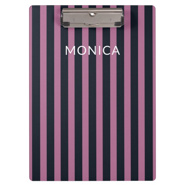 Porte-bloc rose rayé | nom personnalisé marine (Devant)
