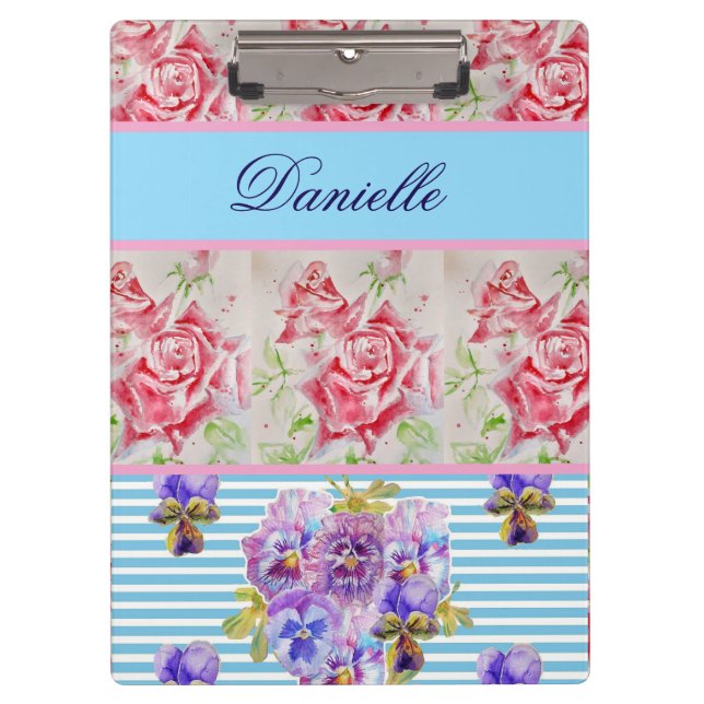 Porte-bloc Rose rouge Shabby Chic Aquarelle Rose bleu rose (Devant)