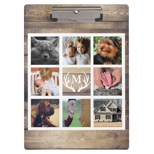 Porte-bloc Rustic Country Grange Bois & Antlers Photo Collage (Devant)