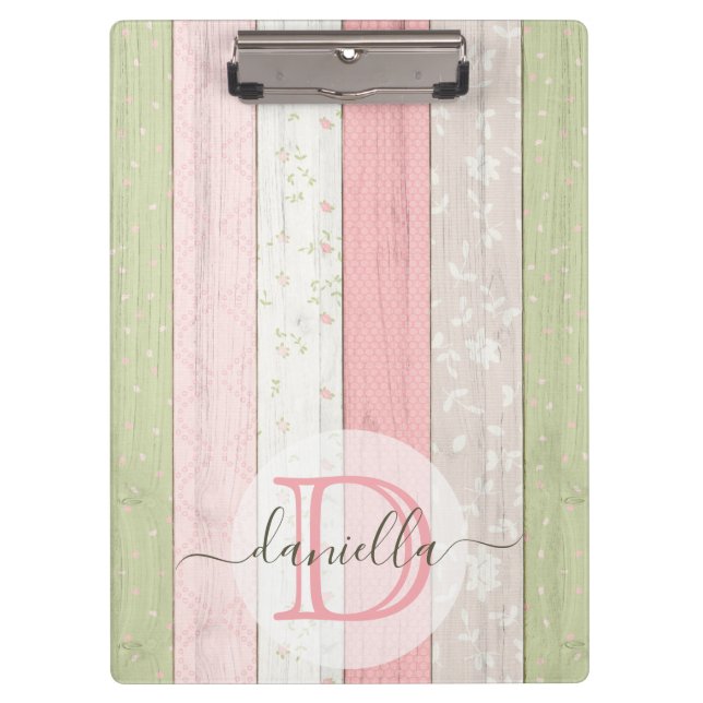 Porte-bloc Sage rustique Vert & Rose Floral Bois Personnalisé (Devant)